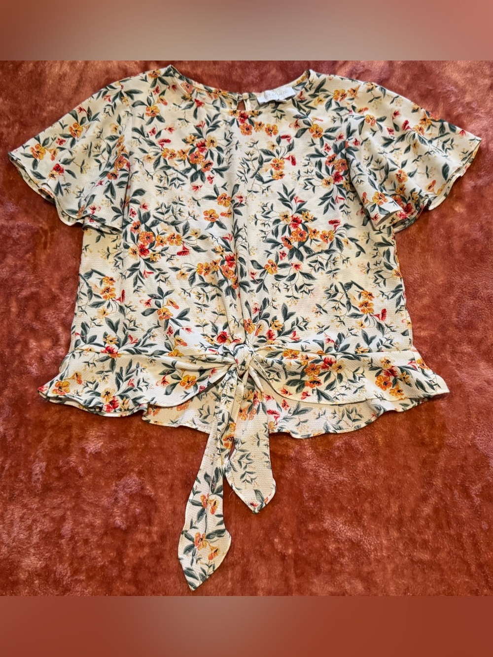 Love & Piece Collective Boho Floral Tie Front Flutter Sleeve Blouse S